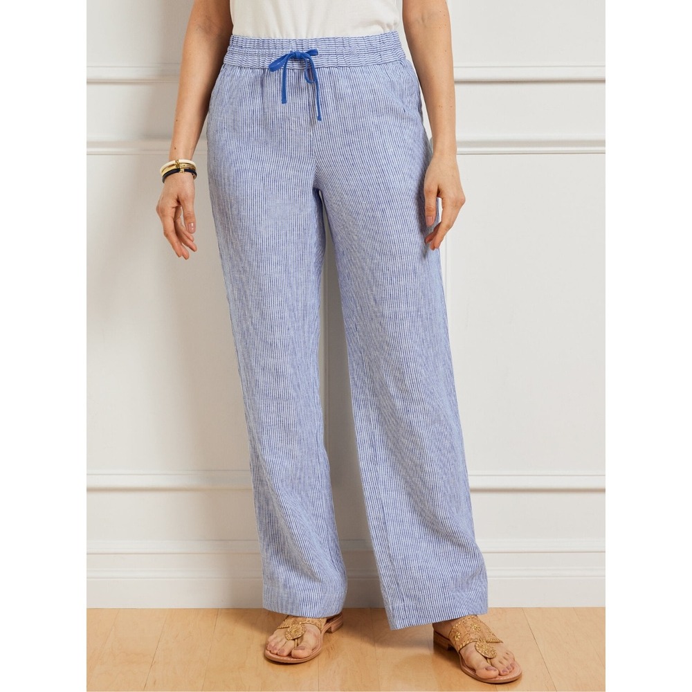 NEW Talbots Washed Linen Wide Leg Pants - Billy Stripe, Blue & White - Sz Medium